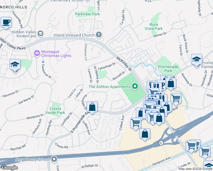 map of restaurants, bars, coffee shops, grocery stores, and more near 713 Cleghorn Drive in Corona