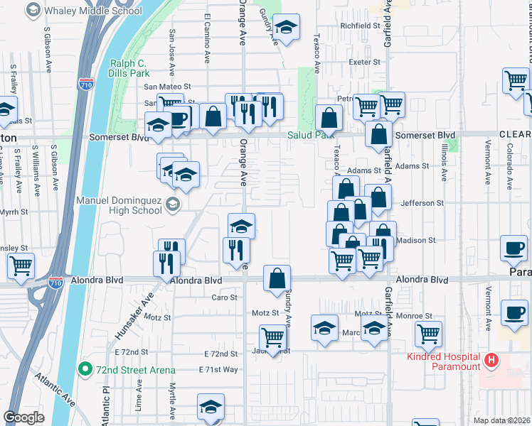 map of restaurants, bars, coffee shops, grocery stores, and more near 15509 Brayton Street in Paramount