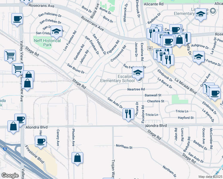 map of restaurants, bars, coffee shops, grocery stores, and more near 14760 La Capelle Road in La Mirada