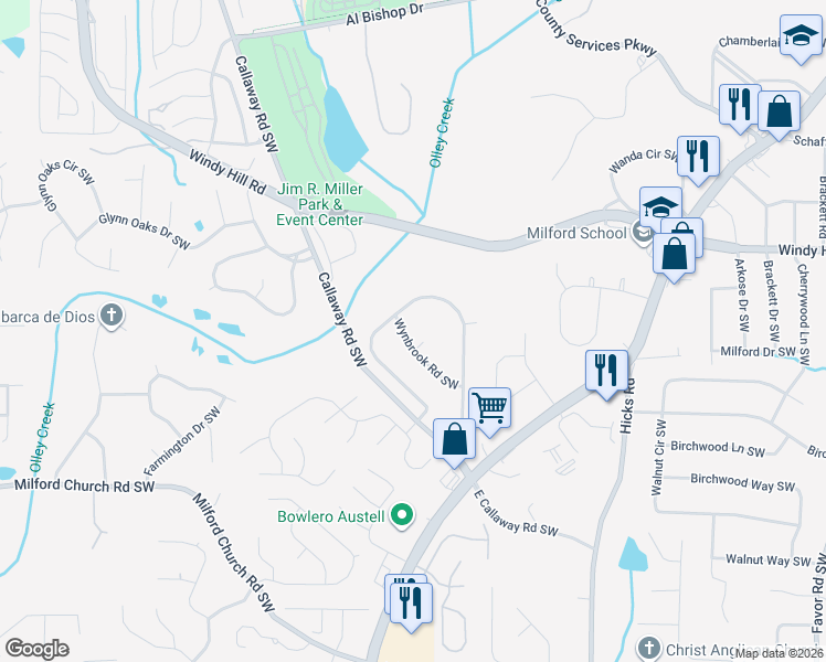 map of restaurants, bars, coffee shops, grocery stores, and more near 1186 Wynbrook Rd SW in Marietta