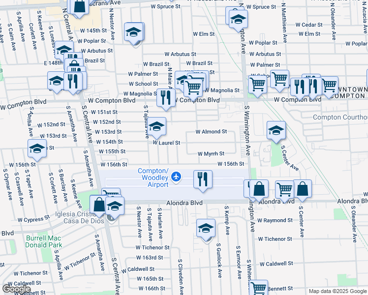 map of restaurants, bars, coffee shops, grocery stores, and more near 406 South Maie Avenue in Compton