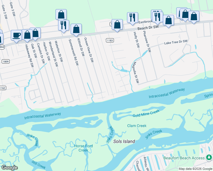 map of restaurants, bars, coffee shops, grocery stores, and more near 2045 Inland Drive Southwest in Ocean Isle Beach