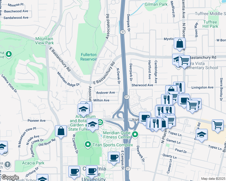 map of restaurants, bars, coffee shops, grocery stores, and more near 2661 Andover Avenue in Fullerton