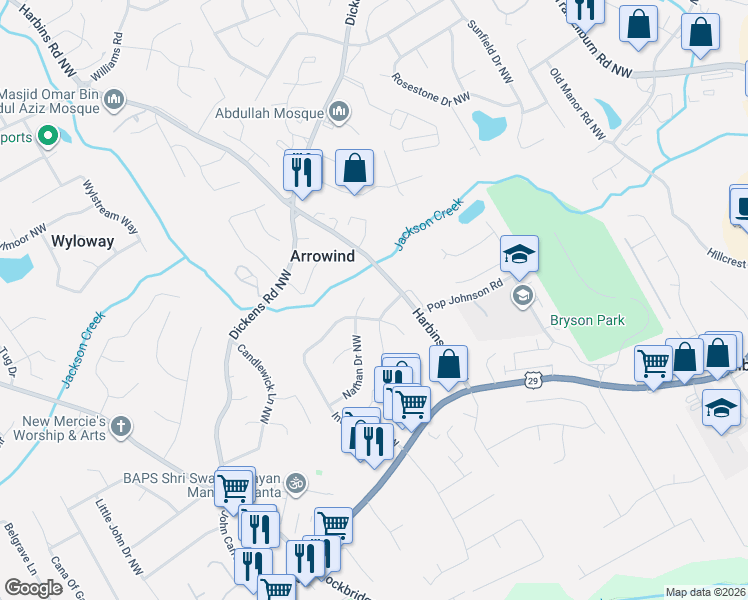 map of restaurants, bars, coffee shops, grocery stores, and more near 5270 Nathan Dr NW in Lilburn