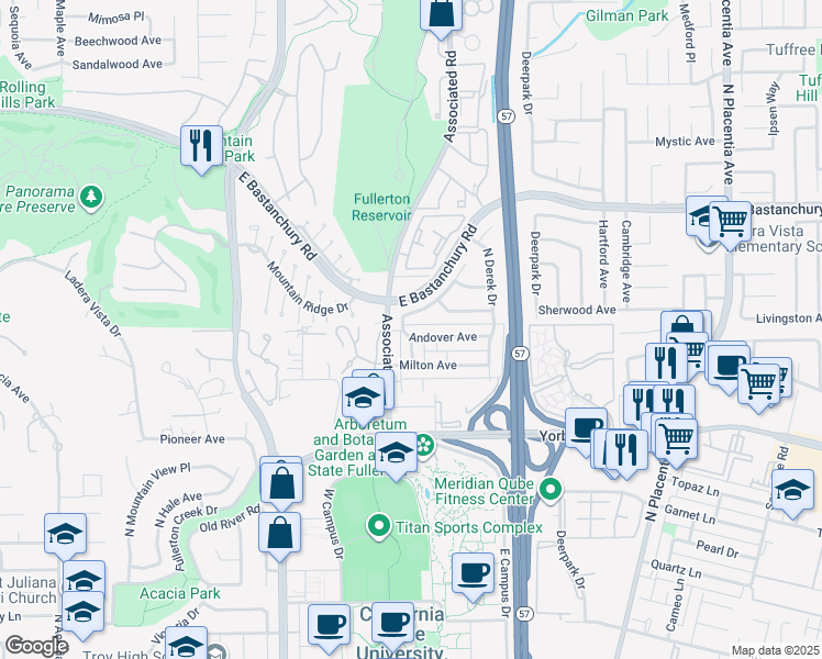 map of restaurants, bars, coffee shops, grocery stores, and more near 2601 Andover Avenue in Fullerton