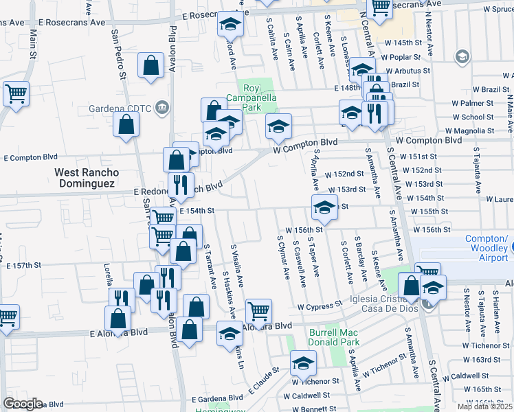 map of restaurants, bars, coffee shops, grocery stores, and more near 15321 S Stanford Ave in Compton