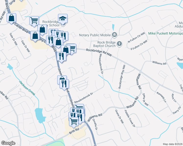 map of restaurants, bars, coffee shops, grocery stores, and more near 5887 WinterGreen Road Northwest in Norcross