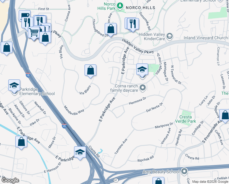 map of restaurants, bars, coffee shops, grocery stores, and more near 729 La Docena Lane in Corona