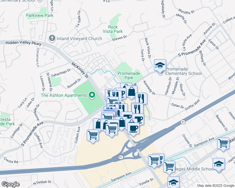 map of restaurants, bars, coffee shops, grocery stores, and more near 2250 Tradewind Place in Corona