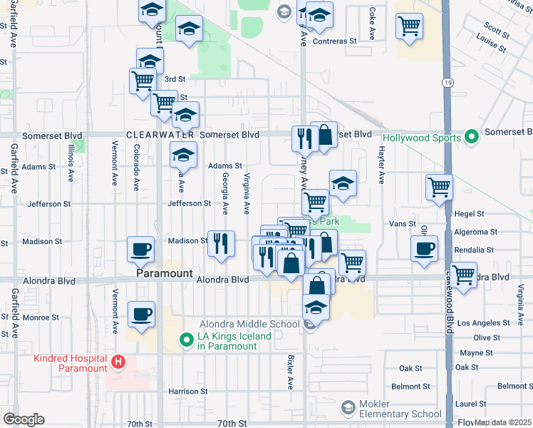 map of restaurants, bars, coffee shops, grocery stores, and more near 15514 Wiemer Avenue in Paramount