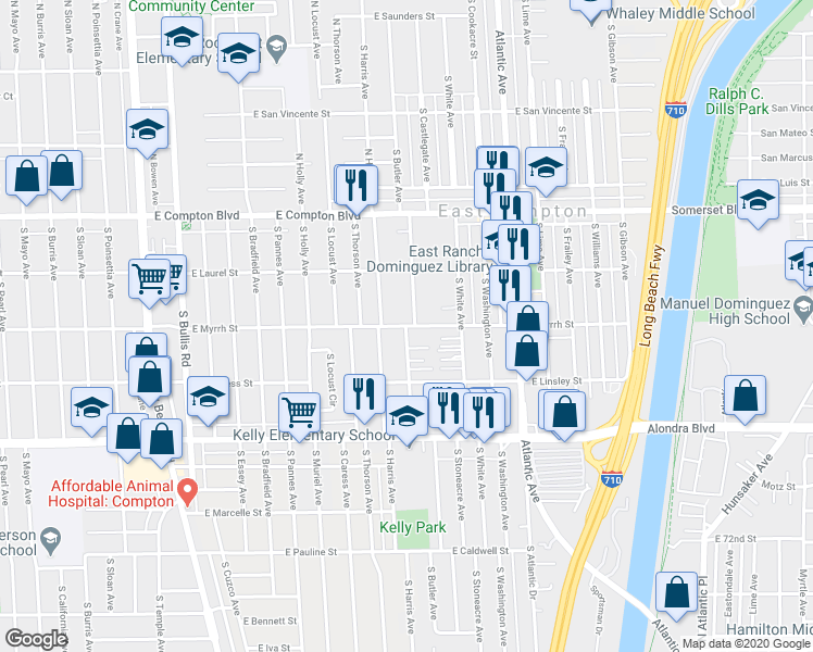map of restaurants, bars, coffee shops, grocery stores, and more near E Myrrh St & S Butler Ave in Compton