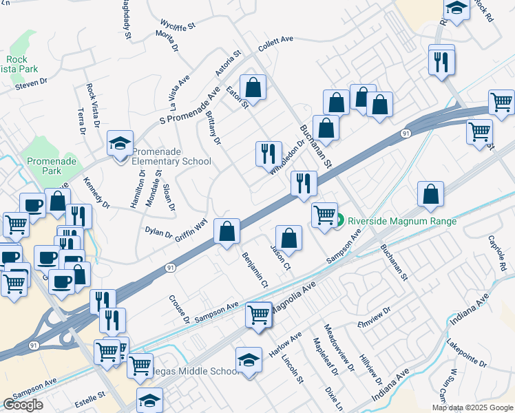 map of restaurants, bars, coffee shops, grocery stores, and more near 2900 Vía Milano in Corona