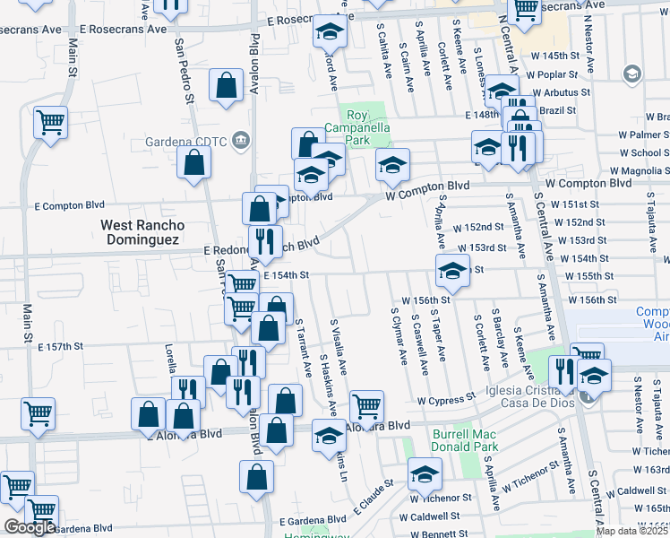 map of restaurants, bars, coffee shops, grocery stores, and more near 811 East 154th Street in Compton