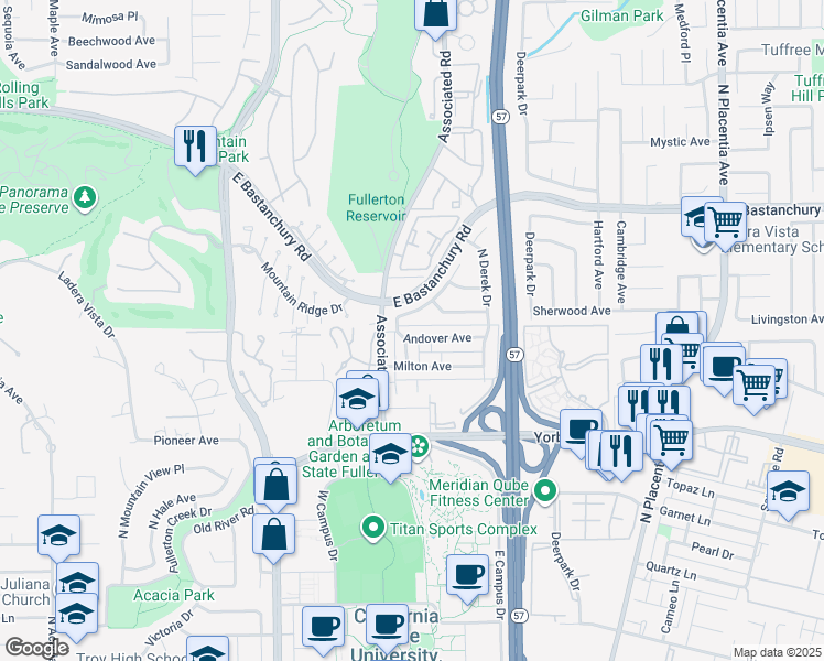 map of restaurants, bars, coffee shops, grocery stores, and more near 2601 Andover Avenue in Fullerton