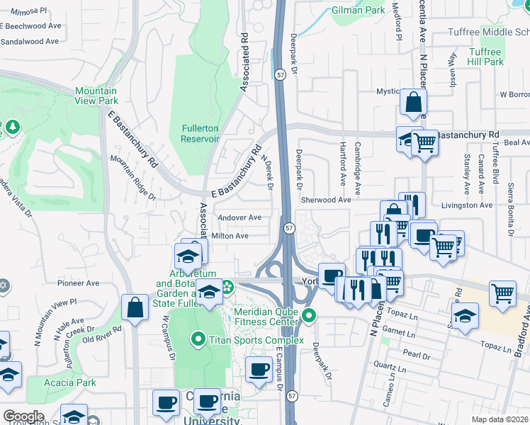 map of restaurants, bars, coffee shops, grocery stores, and more near 2673 Andover Avenue in Fullerton