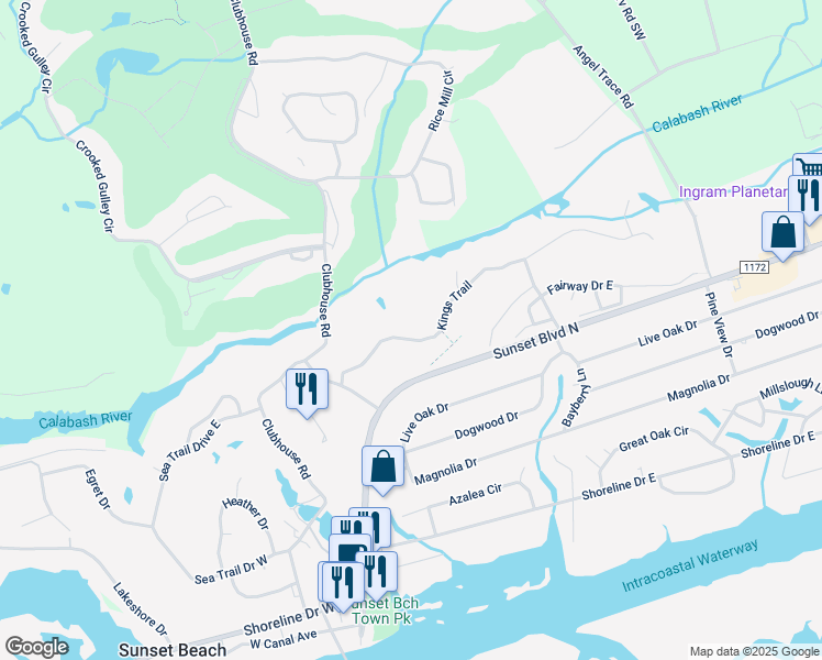 map of restaurants, bars, coffee shops, grocery stores, and more near 235 Kings Trail in Sunset Beach