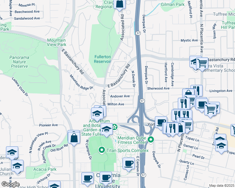 map of restaurants, bars, coffee shops, grocery stores, and more near 2625 Andover Avenue in Fullerton