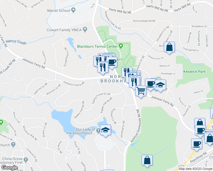 map of restaurants, bars, coffee shops, grocery stores, and more near 3522 Stratfield Drive Northeast in Atlanta