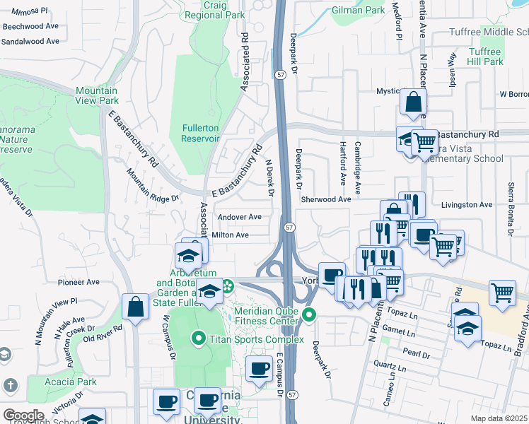 map of restaurants, bars, coffee shops, grocery stores, and more near 2673 Andover Avenue in Fullerton