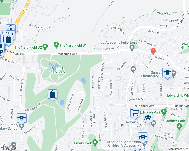 map of restaurants, bars, coffee shops, grocery stores, and more near 1812 North Fairgreen Drive in Fullerton