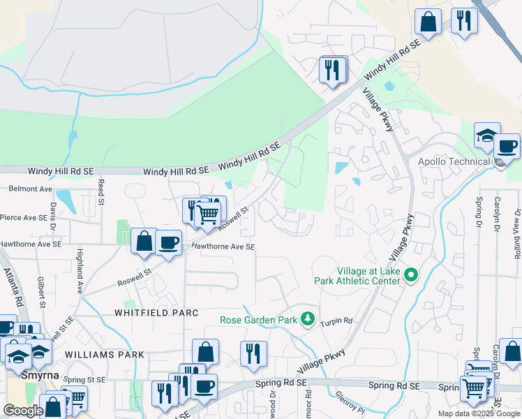 map of restaurants, bars, coffee shops, grocery stores, and more near 1810 Roswell Street Southeast in Smyrna