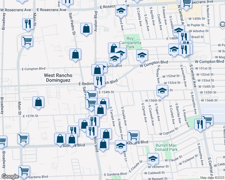 map of restaurants, bars, coffee shops, grocery stores, and more near 719 East 154th Street in Compton