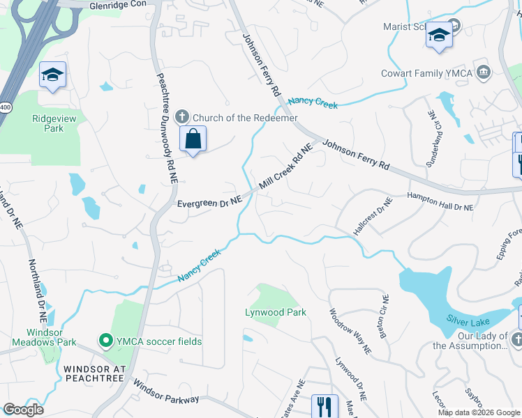 map of restaurants, bars, coffee shops, grocery stores, and more near 1022 Mill Overlook Northeast in Atlanta