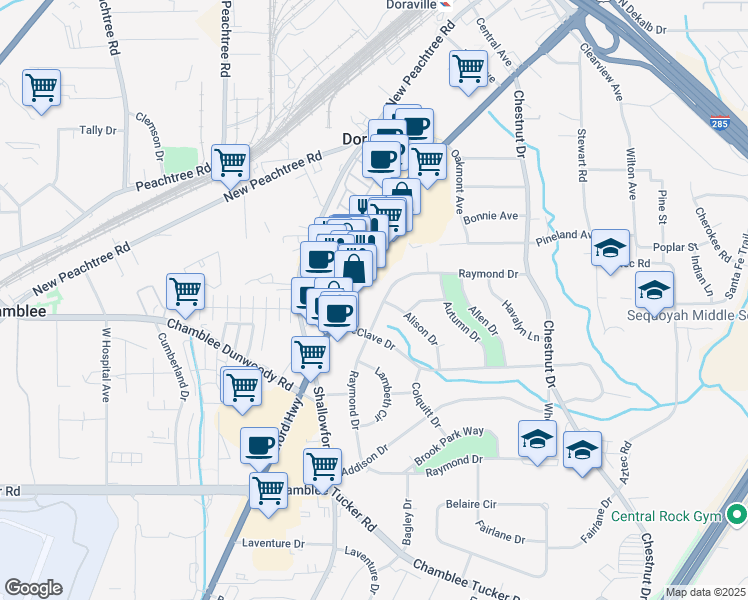 map of restaurants, bars, coffee shops, grocery stores, and more near 3468 Raymond Drive in Doraville