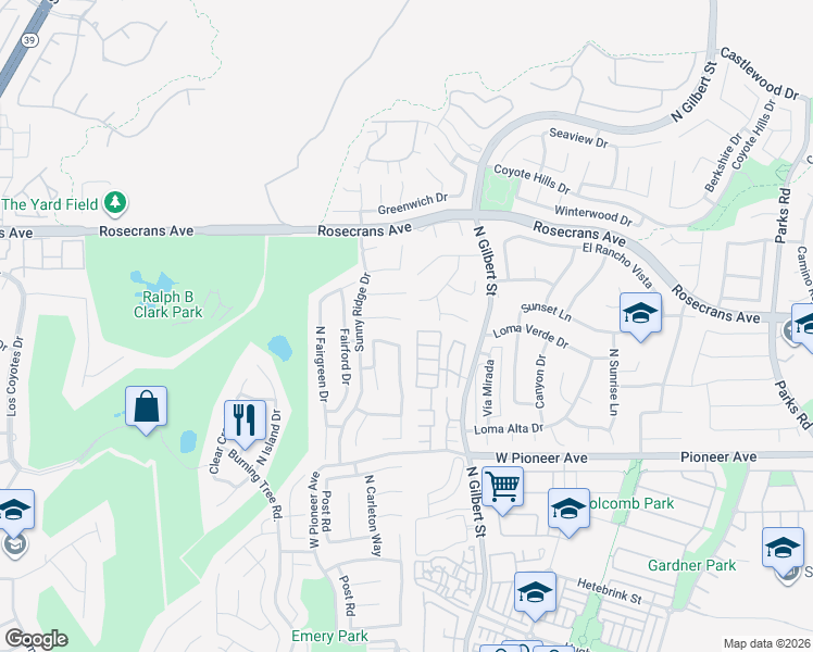 map of restaurants, bars, coffee shops, grocery stores, and more near 2504 Royale Place in Fullerton