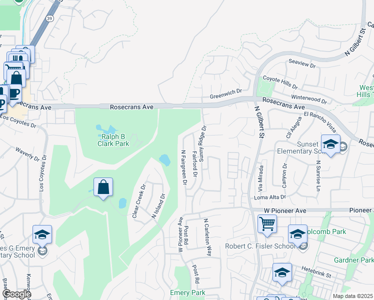 map of restaurants, bars, coffee shops, grocery stores, and more near 1812 North Fairgreen Drive in Fullerton