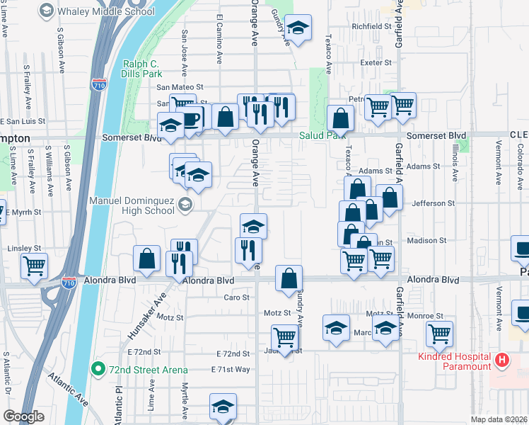 map of restaurants, bars, coffee shops, grocery stores, and more near 7010 Myrrh Street in Paramount