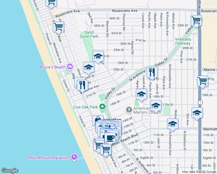 map of restaurants, bars, coffee shops, grocery stores, and more near 529 21st Street in Manhattan Beach