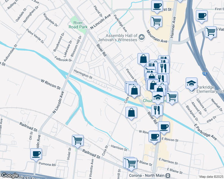 map of restaurants, bars, coffee shops, grocery stores, and more near 608 Harrington Street in Corona
