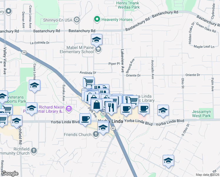 map of restaurants, bars, coffee shops, grocery stores, and more near 4741 School Street in Yorba Linda