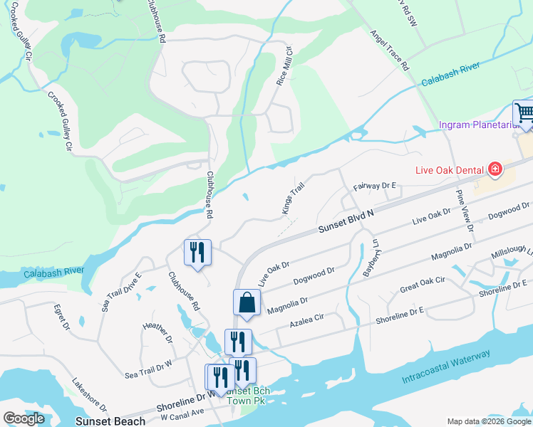 map of restaurants, bars, coffee shops, grocery stores, and more near 220 Clubhouse Road in Sunset Beach