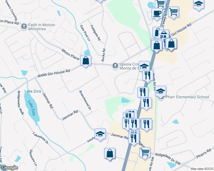 map of restaurants, bars, coffee shops, grocery stores, and more near 1376 Candlelite Lane in Snellville