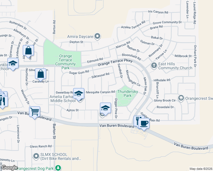 map of restaurants, bars, coffee shops, grocery stores, and more near 8753 Pinelane Circle in Riverside