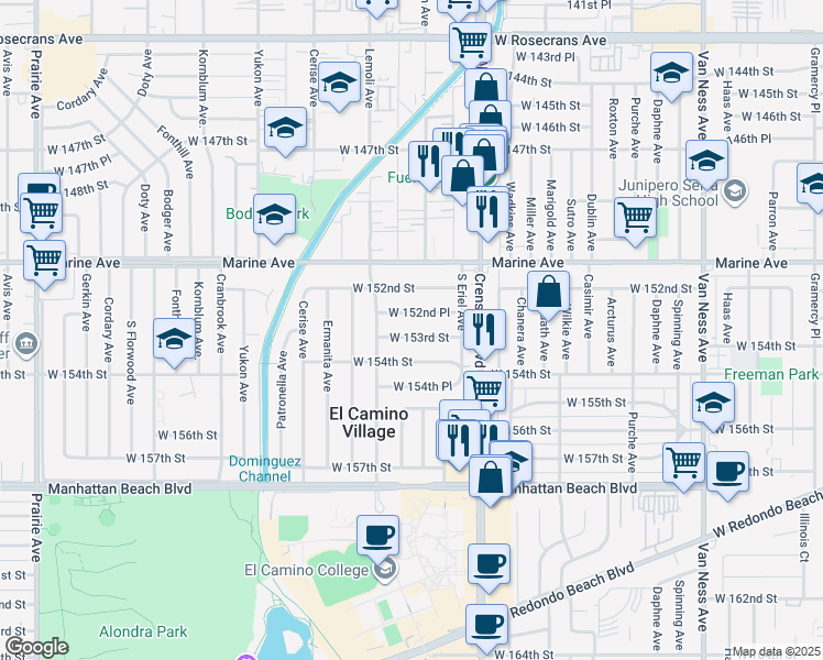 map of restaurants, bars, coffee shops, grocery stores, and more near 3203 West 153rd Street in Gardena