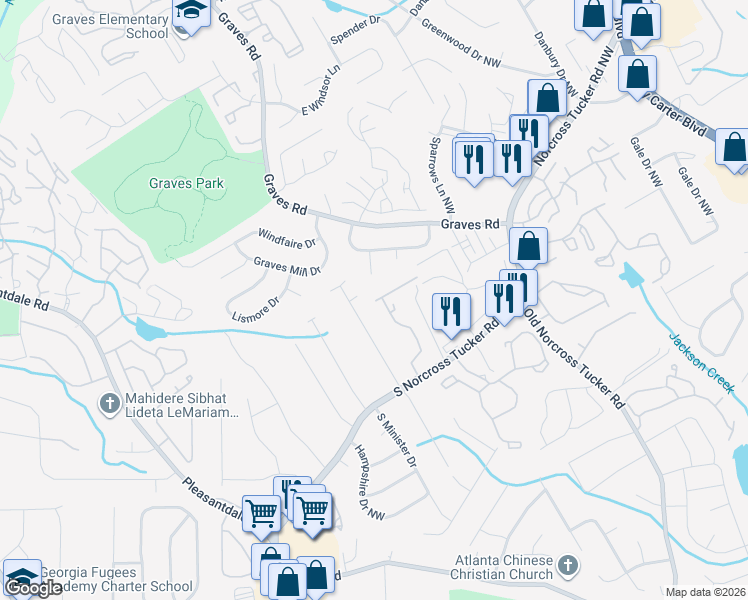 map of restaurants, bars, coffee shops, grocery stores, and more near 1404 Branch Drive in Tucker