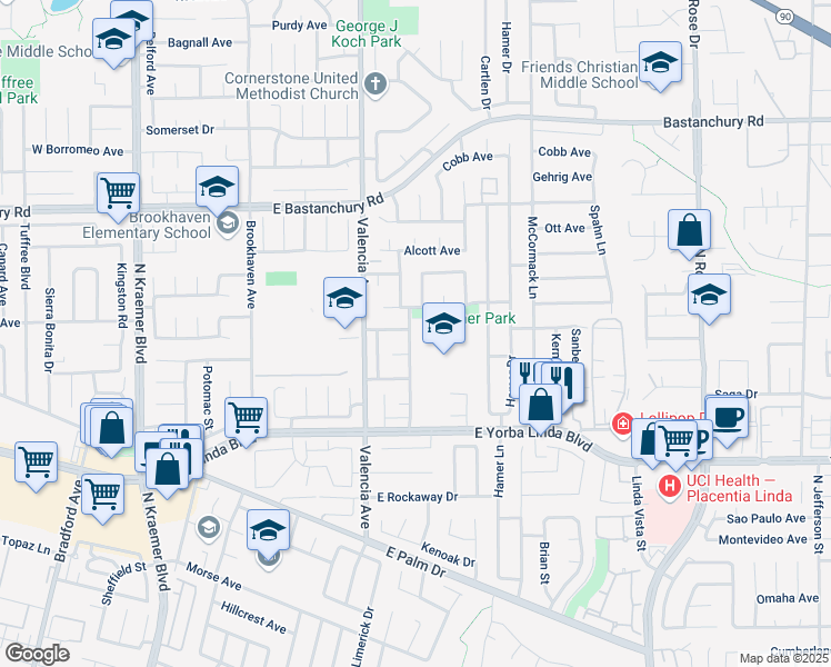 map of restaurants, bars, coffee shops, grocery stores, and more near 1644 Seville Street in Placentia