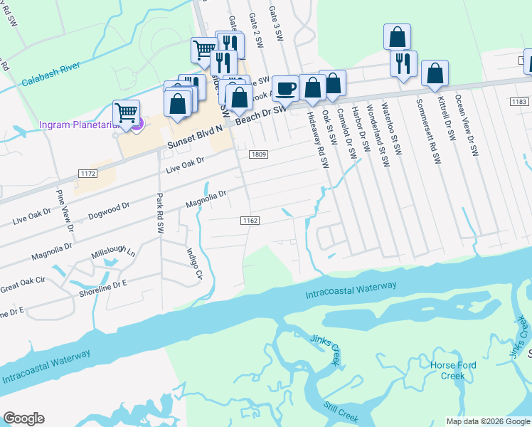 map of restaurants, bars, coffee shops, grocery stores, and more near 7292 Lula Street Southwest in Ocean Isle Beach