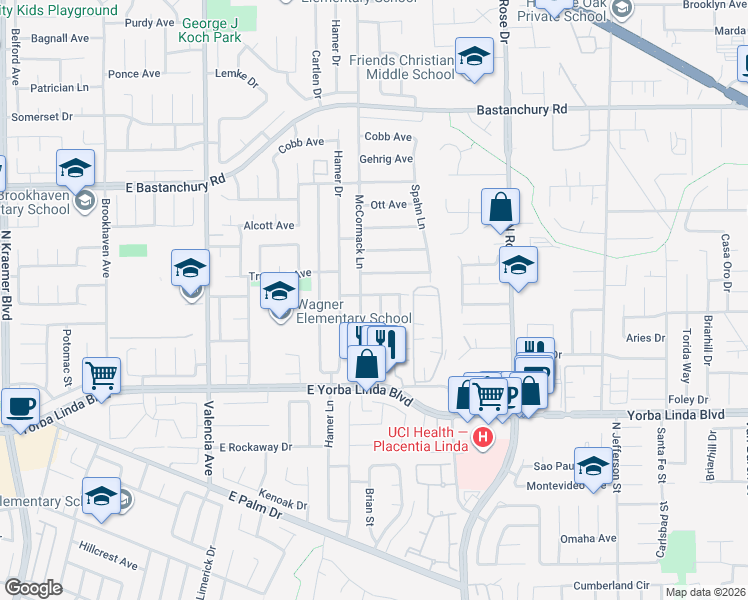 map of restaurants, bars, coffee shops, grocery stores, and more near 4781 Kermath Street in Placentia