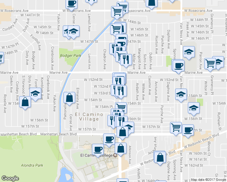 map of restaurants, bars, coffee shops, grocery stores, and more near 3123 West 153rd Street in Gardena