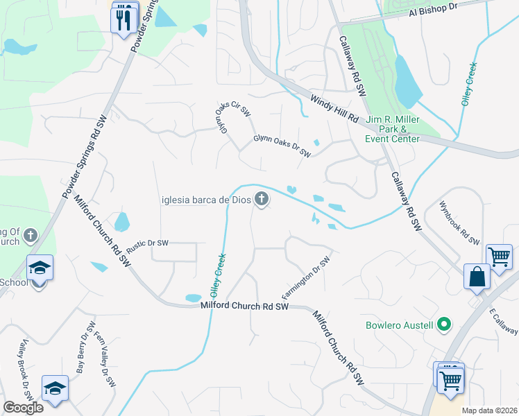 map of restaurants, bars, coffee shops, grocery stores, and more near 2545 Creekview Drive Southwest in Marietta