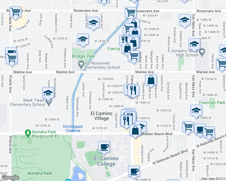 map of restaurants, bars, coffee shops, grocery stores, and more near 3209 West 153rd Street in Gardena