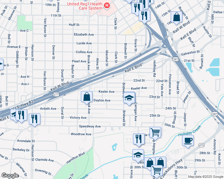 map of restaurants, bars, coffee shops, grocery stores, and more near 1646 Keeler Avenue in Wichita Falls