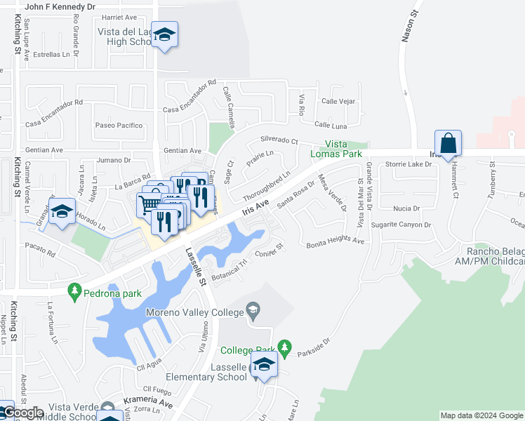 map of restaurants, bars, coffee shops, grocery stores, and more near 26319 Iris Avenue in Moreno Valley