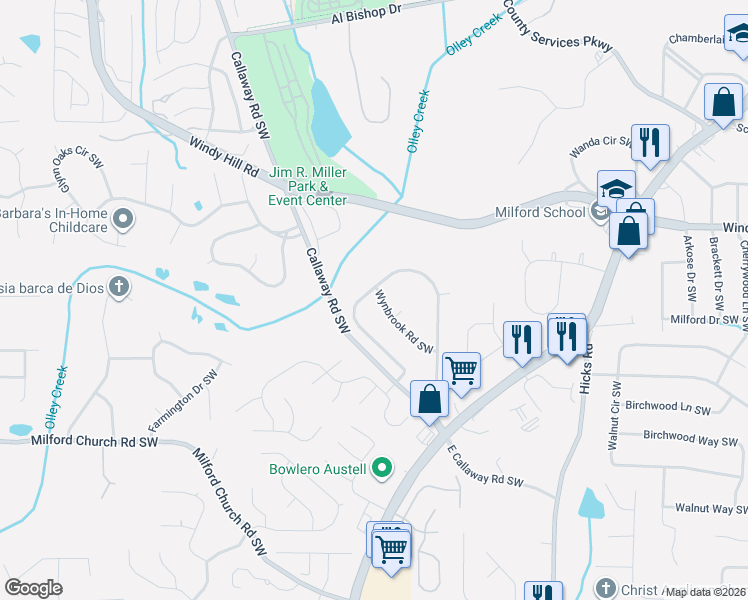 map of restaurants, bars, coffee shops, grocery stores, and more near 1231 Woodleigh Road Southwest in Marietta