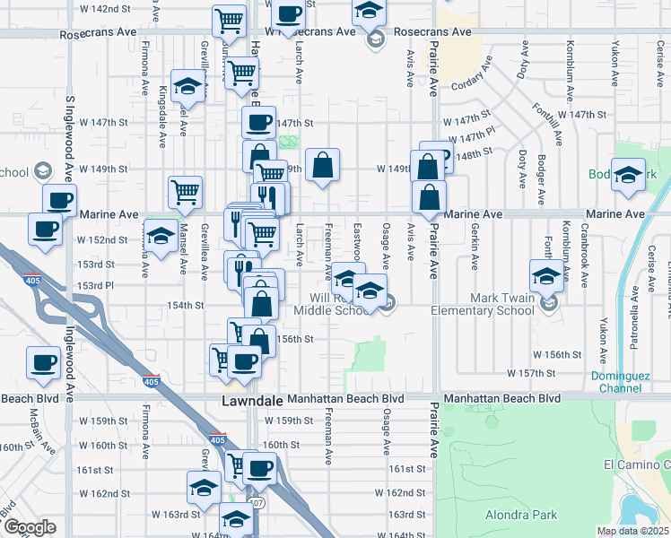 map of restaurants, bars, coffee shops, grocery stores, and more near 15236 Freeman Avenue in Lawndale
