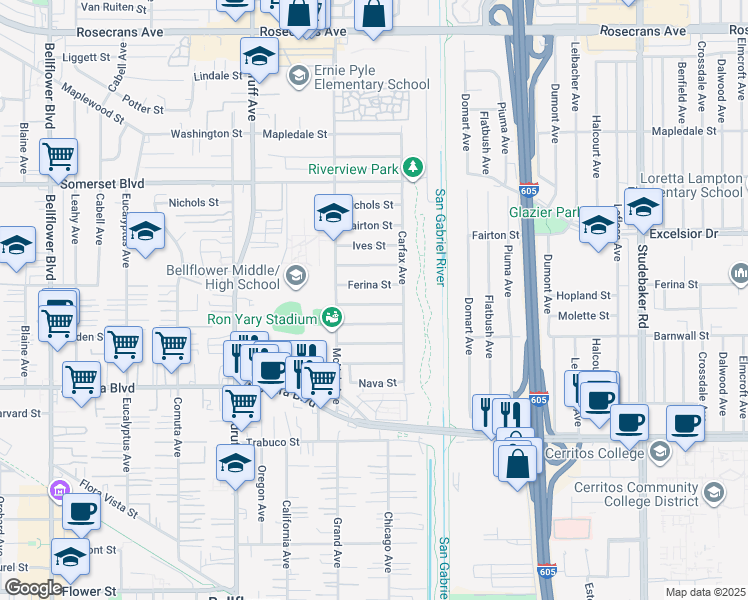 map of restaurants, bars, coffee shops, grocery stores, and more near 10447 Hopland Street in Bellflower